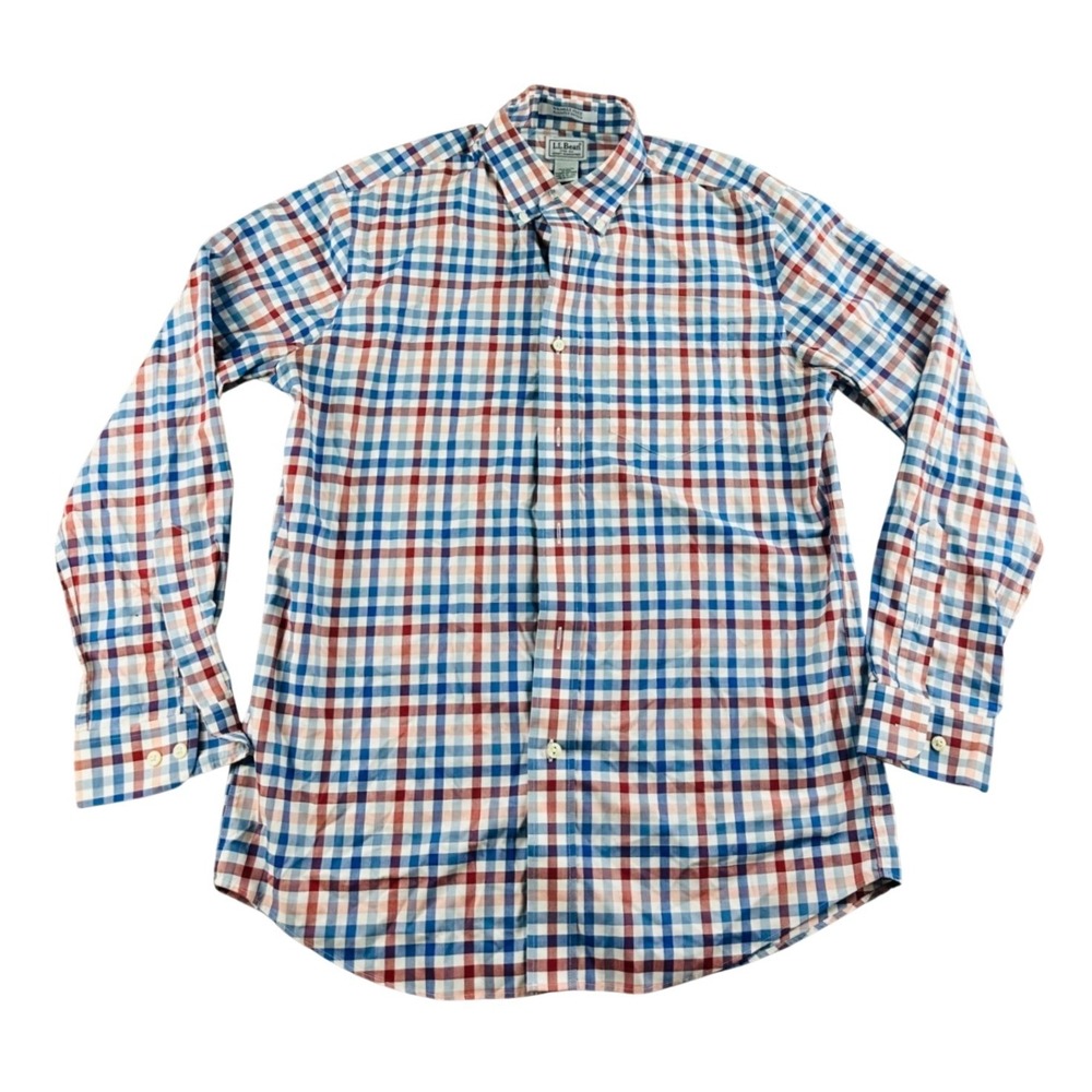 L.L.Bean Slightly Fitted Button Up Shirt Men M Blue Red Plaid Cotton Long Sleeve